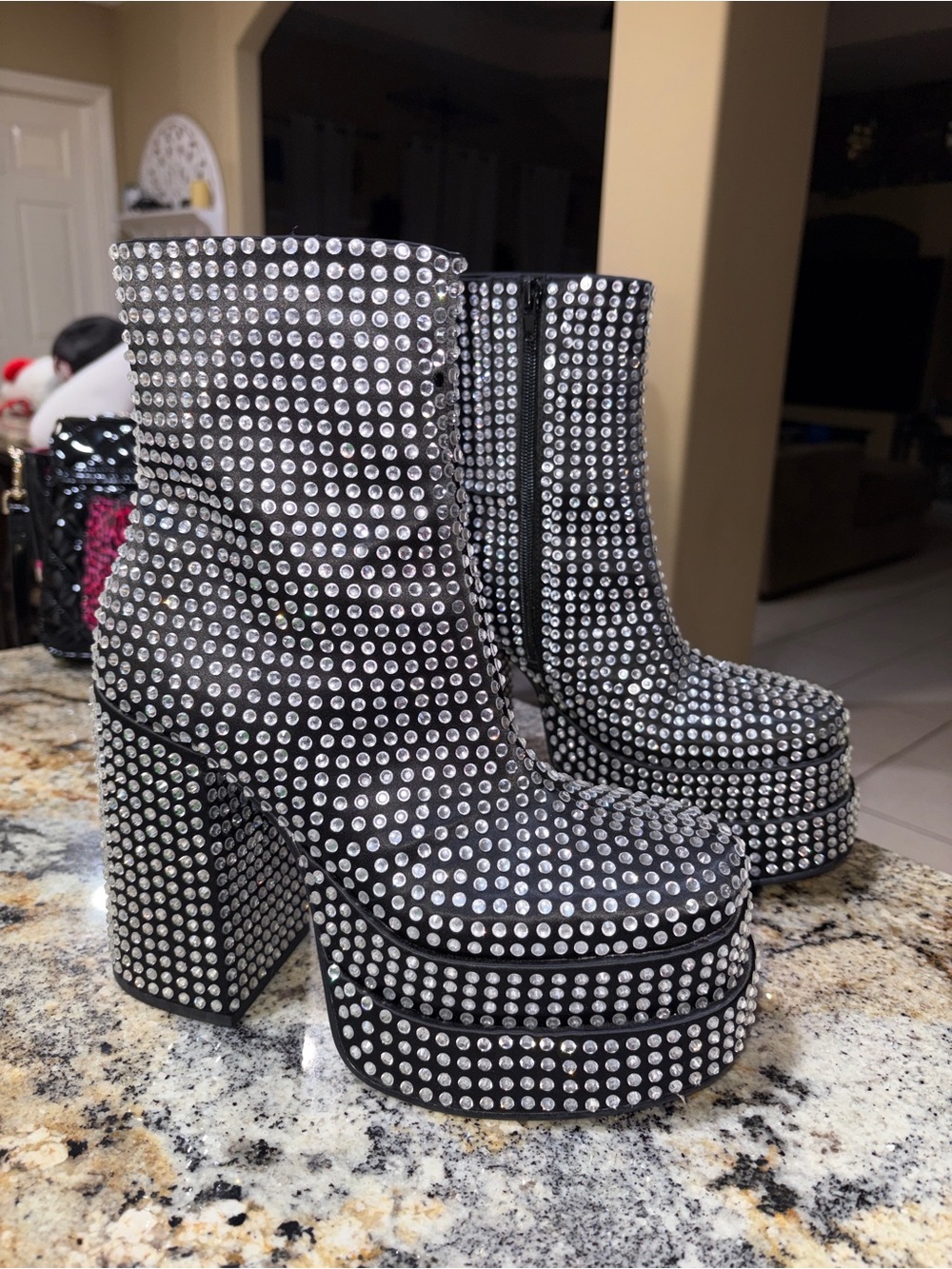 Black Crystal-Studded Platform Ankle Boots